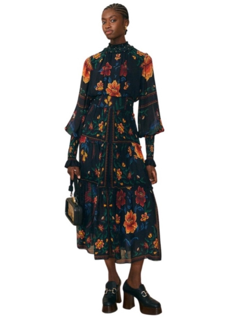 Farm Rio Macaws Garden Floral Long Sleeve Midi Dress Size Medium - Picture 4 of 9